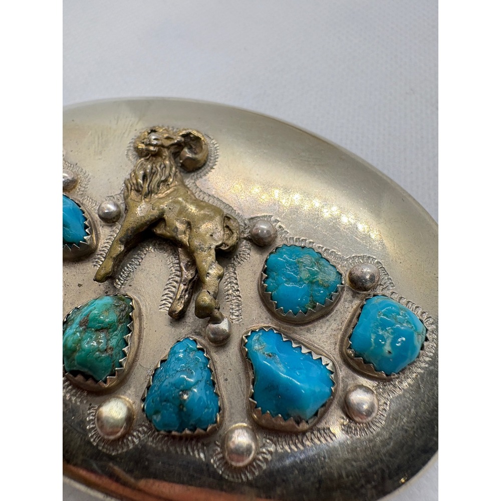 Vintage Ahumada & Sons Baboquivari Turquoise Ram Belt Buckle Silver Tone Oval - Picture 5 of 10